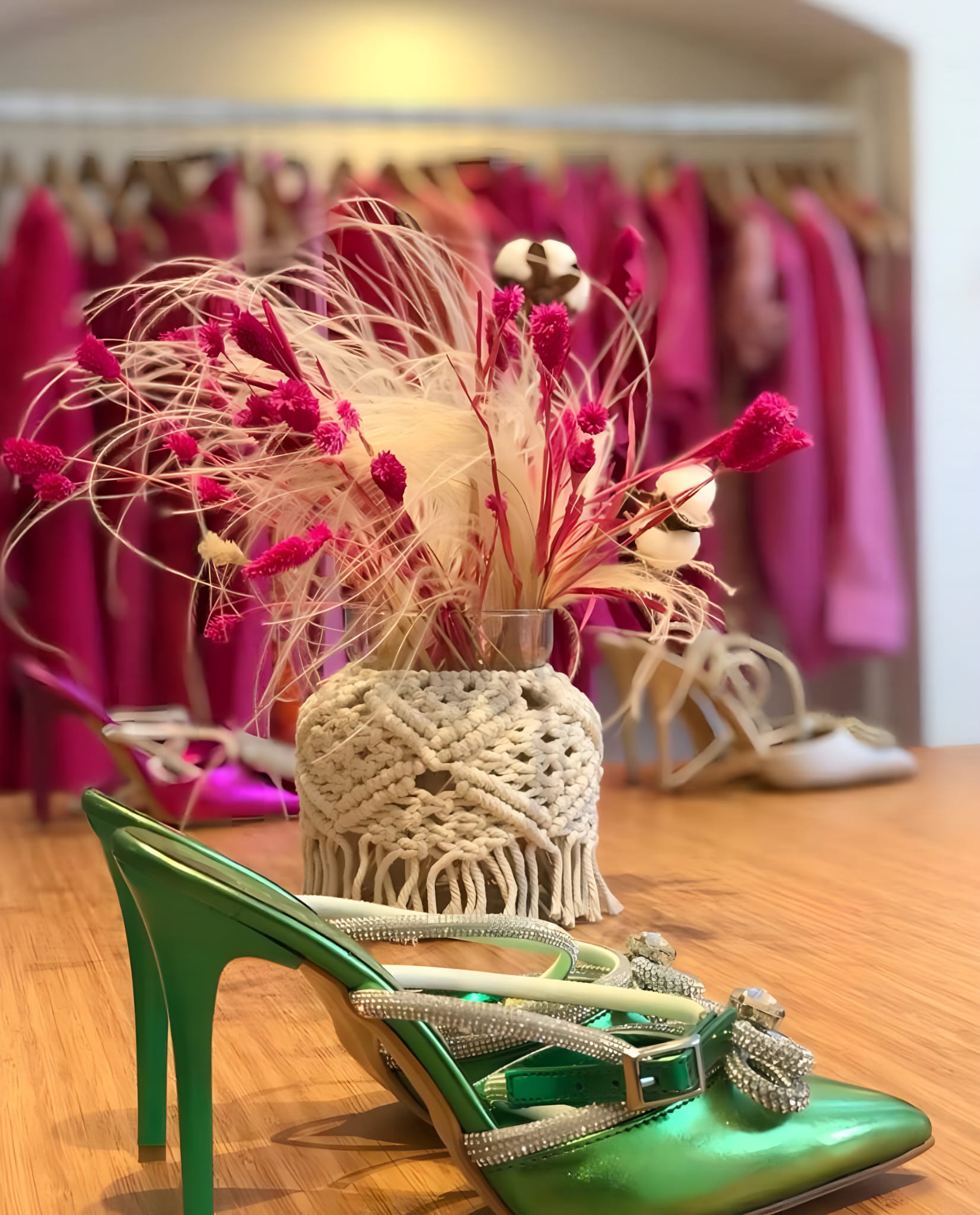 Embellished heels on display in the boutique